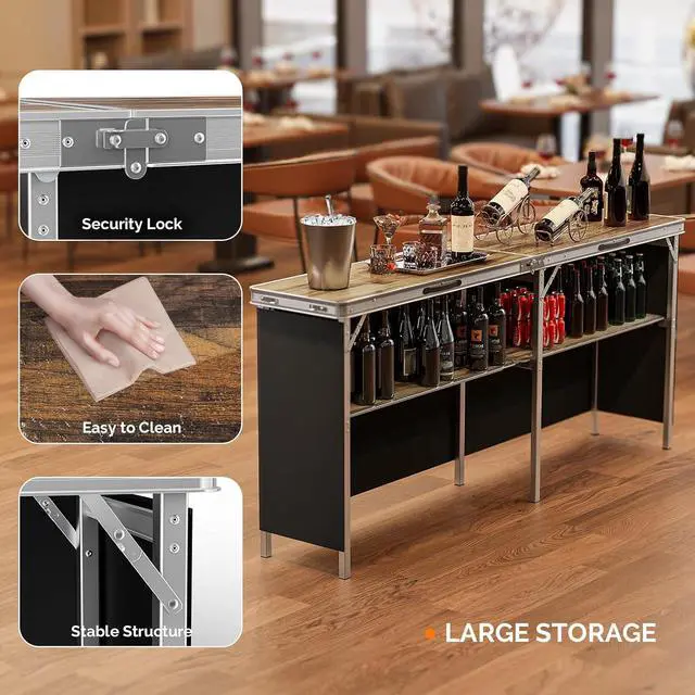 Alt view image 4 of 7 - 78" Portable Bar Table, 2-Tier Shelves, Mobile Bar Table for Events, Party, Camping, Picnic, Tradeshow, Indoor with Black Skirt