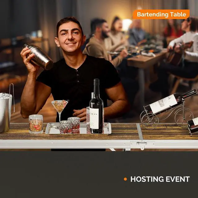 Alt view image 7 of 7 - 78" Portable Bar Table, 2-Tier Shelves, Mobile Bar Table for Events, Party, Camping, Picnic, Tradeshow, Indoor with Black Skirt