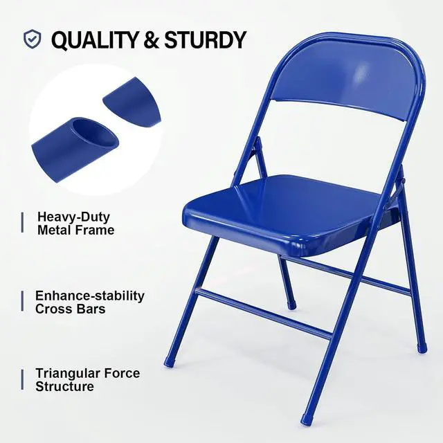 Alt view image 4 of 7 - Folding Chairs All Steel Metal Frame, Capacity 350 lbs, Durable Portable and Versatile for Indoor Outdoor Use, Navy Blue, Set of 4