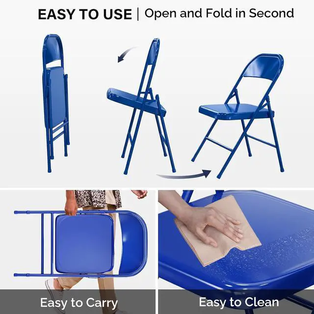 Alt view image 5 of 7 - Folding Chairs All Steel Metal Frame, Capacity 350 lbs, Durable Portable and Versatile for Indoor Outdoor Use, Navy Blue, Set of 4