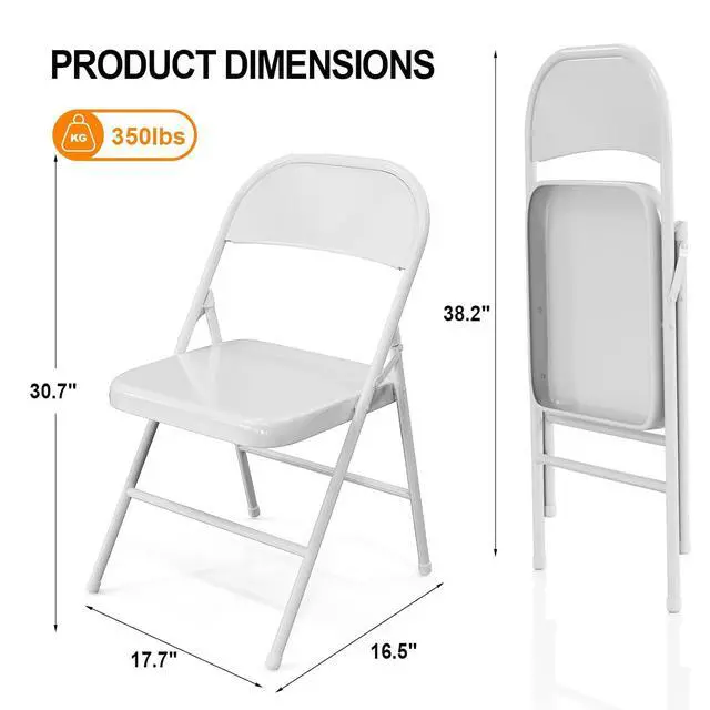 Alt view image 3 of 7 - Folding Chairs All Steel Metal Frame, Capacity 350 lbs, Durable Portable and Versatile for Indoor Outdoor Use, White, Set of 4