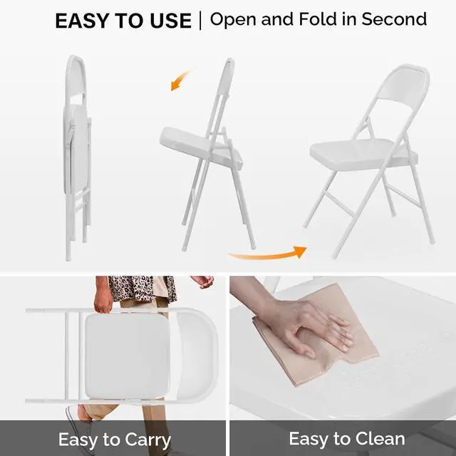 Alt view image 7 of 7 - Folding Chairs All Steel Metal Frame, Capacity 350 lbs, Durable Portable and Versatile for Indoor Outdoor Use, White, Set of 4