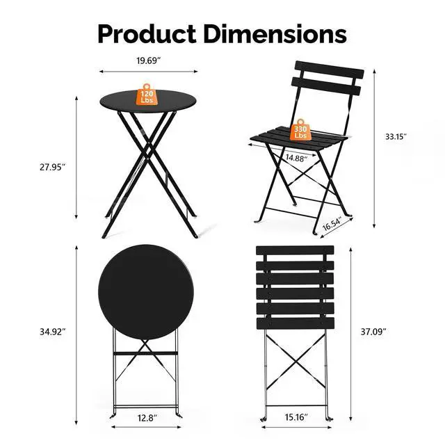Alt view image 2 of 7 - Outdoor Folding Bistro Table and Chairs Set of 2, 3-Piece Bistro Set with Premium Steel Frame and Comfortable Cushions for Patio, Balcony, Garden, Porch, Yard, Black