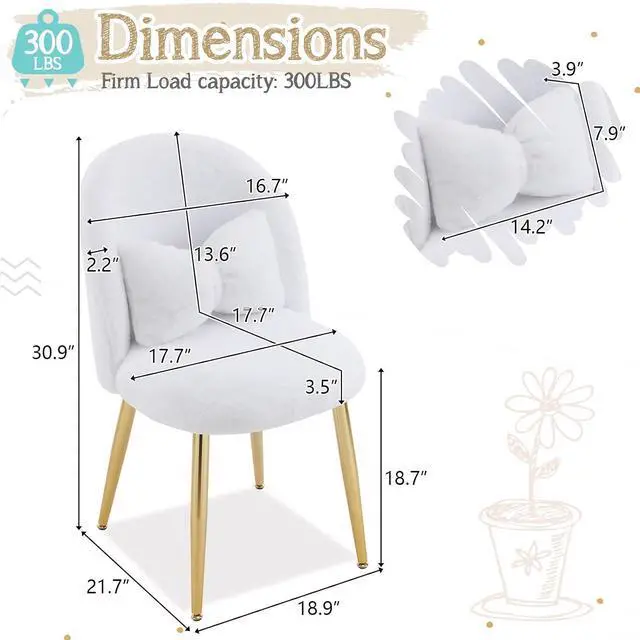 Alt view image 2 of 7 - Fluffy Girls Vanity Chair with Back & Pillow,Cute Small Cozy Desk Chair No Wheels,Comfy Makeup Ch with Ajustable Gold Legs,for Bedroom,Living Room,Small Space,White