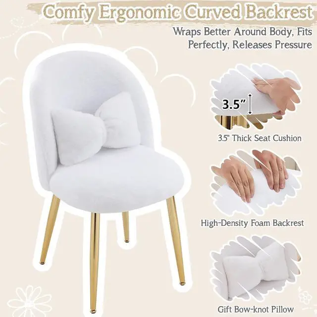 Alt view image 4 of 7 - Fluffy Girls Vanity Chair with Back & Pillow,Cute Small Cozy Desk Chair No Wheels,Comfy Makeup Ch with Ajustable Gold Legs,for Bedroom,Living Room,Small Space,White