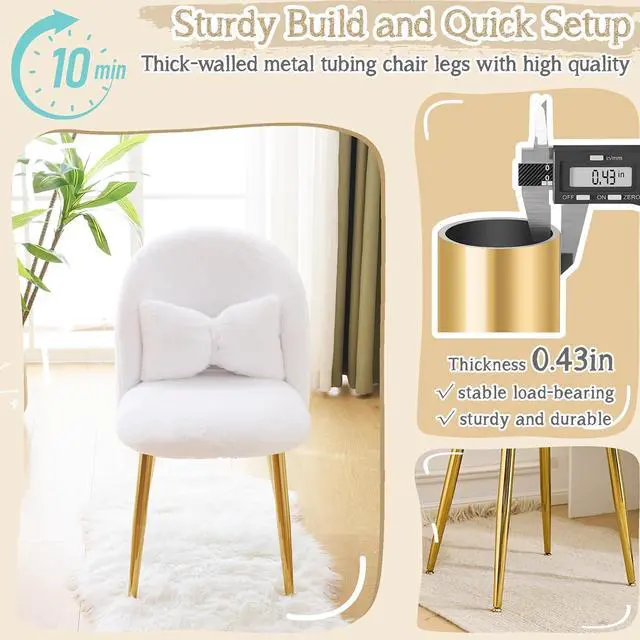 Alt view image 5 of 7 - Fluffy Girls Vanity Chair with Back & Pillow,Cute Small Cozy Desk Chair No Wheels,Comfy Makeup Ch with Ajustable Gold Legs,for Bedroom,Living Room,Small Space,White