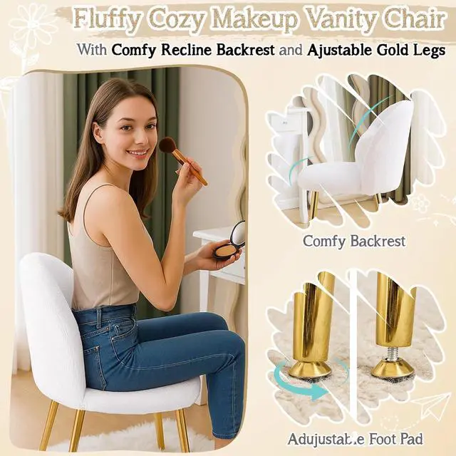 Alt view image 6 of 7 - Fluffy Girls Vanity Chair with Back & Pillow,Cute Small Cozy Desk Chair No Wheels,Comfy Makeup Ch with Ajustable Gold Legs,for Bedroom,Living Room,Small Space,White