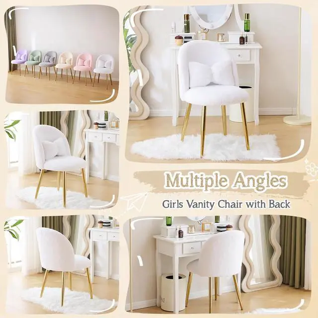 Alt view image 7 of 7 - Fluffy Girls Vanity Chair with Back & Pillow,Cute Small Cozy Desk Chair No Wheels,Comfy Makeup Ch with Ajustable Gold Legs,for Bedroom,Living Room,Small Space,White