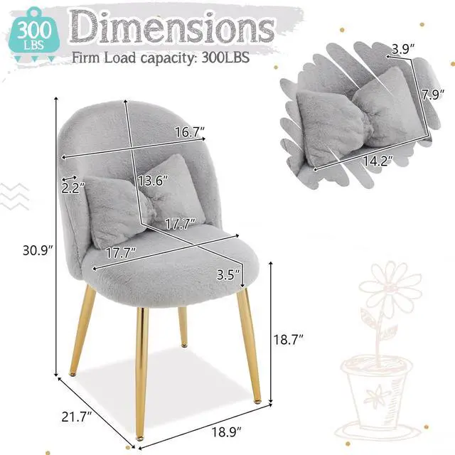 Alt view image 2 of 7 - Fluffy Girls Vanity Chair with Back & Pillow,Cute Small Cozy Desk Chair No Wheels,Comfy Makeup Ch with Ajustable Gold Legs,for Bedroom,Living Room,Small Space,Grey