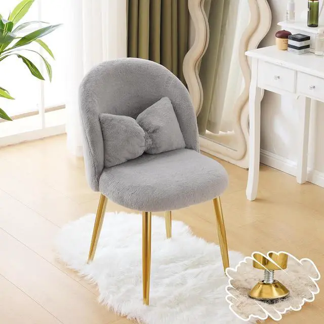 Main image of Fluffy Girls Vanity Chair with Back & Pillow,Cute Small Cozy Desk Chair No Wheels,Comfy Makeup Ch with Ajustable Gold Legs,for Bedroom,Living Room,Small Space,Grey