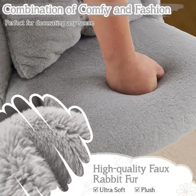 Alt view image 3 of 7 - Fluffy Girls Vanity Chair with Back & Pillow,Cute Small Cozy Desk Chair No Wheels,Comfy Makeup Ch with Ajustable Gold Legs,for Bedroom,Living Room,Small Space,Grey