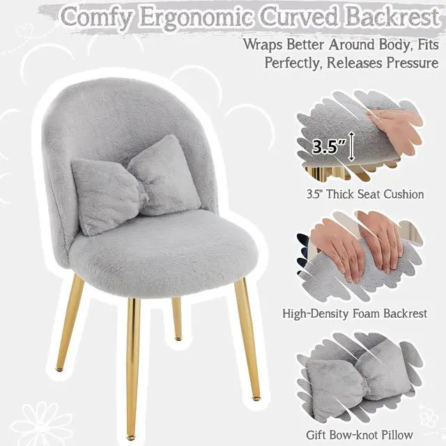 Alt view image 4 of 7 - Fluffy Girls Vanity Chair with Back & Pillow,Cute Small Cozy Desk Chair No Wheels,Comfy Makeup Ch with Ajustable Gold Legs,for Bedroom,Living Room,Small Space,Grey