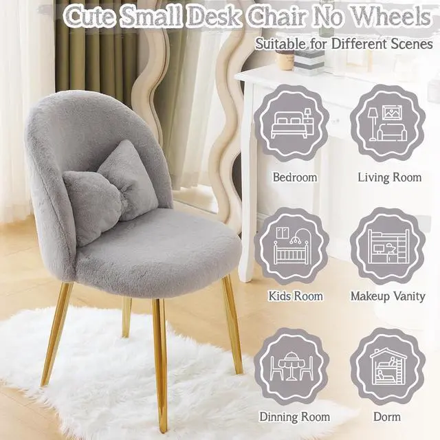 Alt view image 5 of 7 - Fluffy Girls Vanity Chair with Back & Pillow,Cute Small Cozy Desk Chair No Wheels,Comfy Makeup Ch with Ajustable Gold Legs,for Bedroom,Living Room,Small Space,Grey