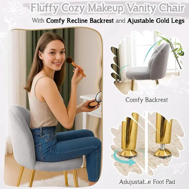 Alt view image 6 of 7 - Fluffy Girls Vanity Chair with Back & Pillow,Cute Small Cozy Desk Chair No Wheels,Comfy Makeup Ch with Ajustable Gold Legs,for Bedroom,Living Room,Small Space,Grey