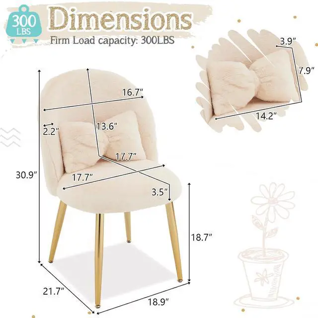 Alt view image 2 of 7 - Boucle Girls Vanity Chair with Back & Pillow,Cute Small Cozy Desk Chair No Wheels,Comfy Makeup Ch with Ajustable Gold Legs,for Bedroom,Living Room,Small Space,Khaki