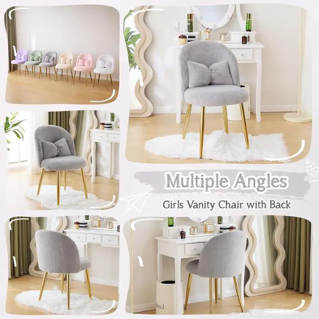 Alt view image 7 of 7 - Fluffy Girls Vanity Chair with Back & Pillow,Cute Small Cozy Desk Chair No Wheels,Comfy Makeup Ch with Ajustable Gold Legs,for Bedroom,Living Room,Small Space,Grey