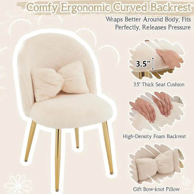 Alt view image 5 of 7 - Boucle Girls Vanity Chair with Back & Pillow,Cute Small Cozy Desk Chair No Wheels,Comfy Makeup Ch with Ajustable Gold Legs,for Bedroom,Living Room,Small Space,Khaki