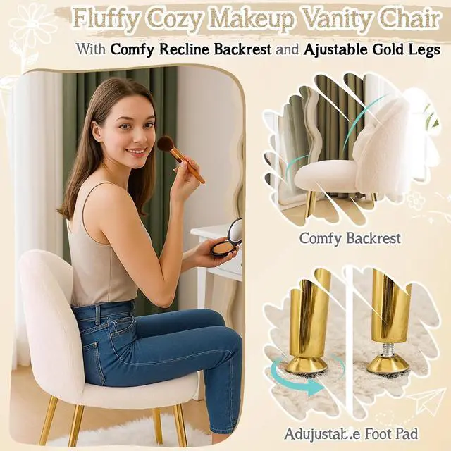 Alt view image 6 of 7 - Boucle Girls Vanity Chair with Back & Pillow,Cute Small Cozy Desk Chair No Wheels,Comfy Makeup Ch with Ajustable Gold Legs,for Bedroom,Living Room,Small Space,Khaki