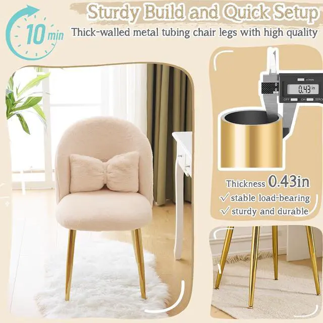 Alt view image 4 of 7 - Boucle Girls Vanity Chair with Back & Pillow,Cute Small Cozy Desk Chair No Wheels,Comfy Makeup Ch with Ajustable Gold Legs,for Bedroom,Living Room,Small Space,Khaki