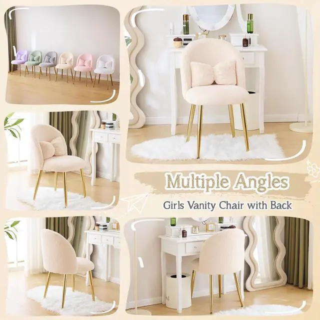 Alt view image 7 of 7 - Boucle Girls Vanity Chair with Back & Pillow,Cute Small Cozy Desk Chair No Wheels,Comfy Makeup Ch with Ajustable Gold Legs,for Bedroom,Living Room,Small Space,Khaki