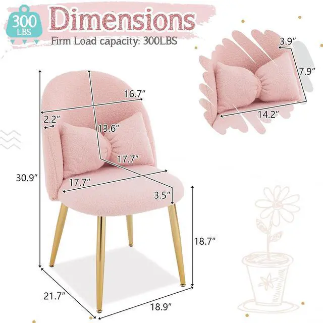 Alt view image 2 of 7 - Boucle Girls Vanity Chair with Back & Pillow,Cute Small Cozy Desk Chair No Wheels,Comfy Makeup Ch with Ajustable Gold Legs,for Bedroom,Living Room,Small Space,Pink