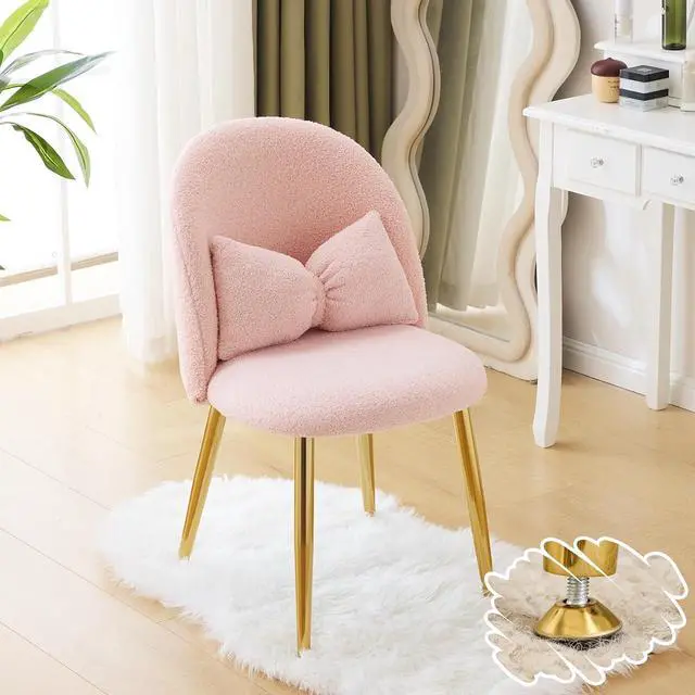 Main image of Boucle Girls Vanity Chair with Back & Pillow,Cute Small Cozy Desk Chair No Wheels,Comfy Makeup Ch with Ajustable Gold Legs,for Bedroom,Living Room,Small Space,Pink