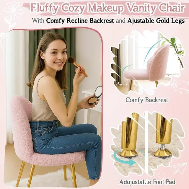 Alt view image 3 of 7 - Boucle Girls Vanity Chair with Back & Pillow,Cute Small Cozy Desk Chair No Wheels,Comfy Makeup Ch with Ajustable Gold Legs,for Bedroom,Living Room,Small Space,Pink