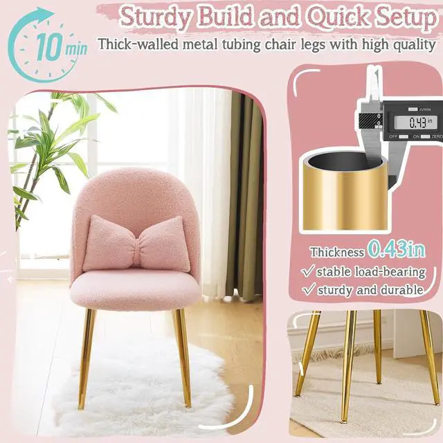 Alt view image 5 of 7 - Boucle Girls Vanity Chair with Back & Pillow,Cute Small Cozy Desk Chair No Wheels,Comfy Makeup Ch with Ajustable Gold Legs,for Bedroom,Living Room,Small Space,Pink