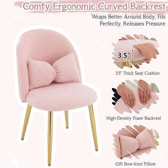 Alt view image 6 of 7 - Boucle Girls Vanity Chair with Back & Pillow,Cute Small Cozy Desk Chair No Wheels,Comfy Makeup Ch with Ajustable Gold Legs,for Bedroom,Living Room,Small Space,Pink