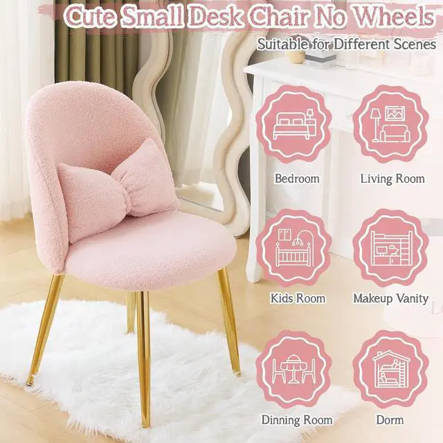 Alt view image 7 of 7 - Boucle Girls Vanity Chair with Back & Pillow,Cute Small Cozy Desk Chair No Wheels,Comfy Makeup Ch with Ajustable Gold Legs,for Bedroom,Living Room,Small Space,Pink