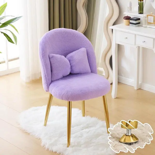 Main image of Fluffy Girls Vanity Chair with Back & Pillow,Cute Small Cozy Desk Chair No Wheels,Comfy Makeup Ch with Ajustable Gold Legs,for Bedroom,Living Room,Small Space,Purple