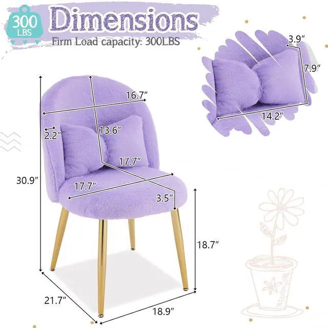 Alt view image 2 of 7 - Fluffy Girls Vanity Chair with Back & Pillow,Cute Small Cozy Desk Chair No Wheels,Comfy Makeup Ch with Ajustable Gold Legs,for Bedroom,Living Room,Small Space,Purple