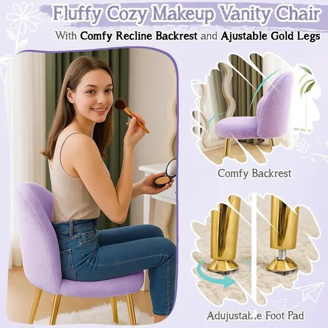 Alt view image 3 of 7 - Fluffy Girls Vanity Chair with Back & Pillow,Cute Small Cozy Desk Chair No Wheels,Comfy Makeup Ch with Ajustable Gold Legs,for Bedroom,Living Room,Small Space,Purple