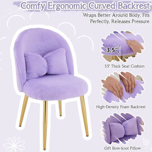 Alt view image 4 of 7 - Fluffy Girls Vanity Chair with Back & Pillow,Cute Small Cozy Desk Chair No Wheels,Comfy Makeup Ch with Ajustable Gold Legs,for Bedroom,Living Room,Small Space,Purple