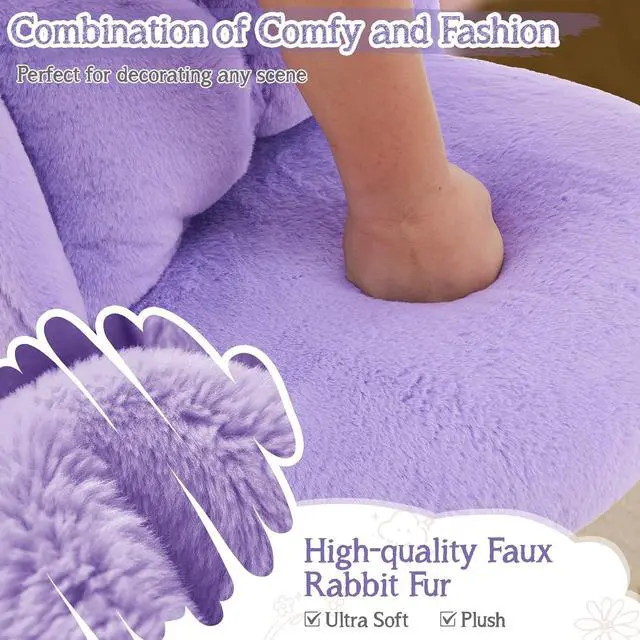 Alt view image 5 of 7 - Fluffy Girls Vanity Chair with Back & Pillow,Cute Small Cozy Desk Chair No Wheels,Comfy Makeup Ch with Ajustable Gold Legs,for Bedroom,Living Room,Small Space,Purple