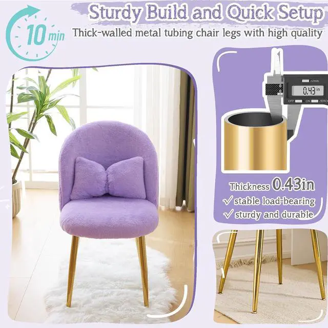 Alt view image 6 of 7 - Fluffy Girls Vanity Chair with Back & Pillow,Cute Small Cozy Desk Chair No Wheels,Comfy Makeup Ch with Ajustable Gold Legs,for Bedroom,Living Room,Small Space,Purple