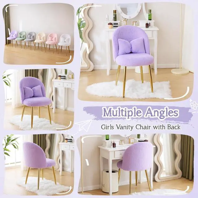 Alt view image 7 of 7 - Fluffy Girls Vanity Chair with Back & Pillow,Cute Small Cozy Desk Chair No Wheels,Comfy Makeup Ch with Ajustable Gold Legs,for Bedroom,Living Room,Small Space,Purple