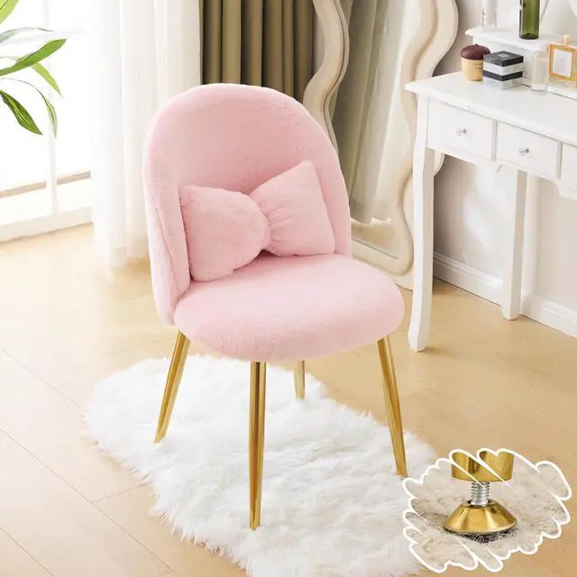 Main image of Fluffy Girls Vanity Chair with Back & Pillow,Cute Small Cozy Desk Chair No Wheels,Comfy Makeup Ch with Ajustable Gold Legs,for Bedroom,Living Room,Small Space,Pink