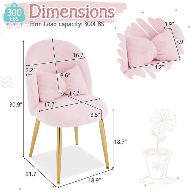 Alt view image 2 of 7 - Fluffy Girls Vanity Chair with Back & Pillow,Cute Small Cozy Desk Chair No Wheels,Comfy Makeup Ch with Ajustable Gold Legs,for Bedroom,Living Room,Small Space,Pink