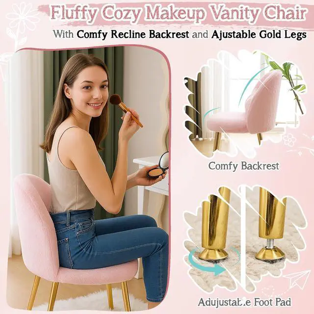 Alt view image 3 of 7 - Fluffy Girls Vanity Chair with Back & Pillow,Cute Small Cozy Desk Chair No Wheels,Comfy Makeup Ch with Ajustable Gold Legs,for Bedroom,Living Room,Small Space,Pink