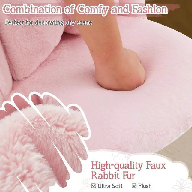 Alt view image 4 of 7 - Fluffy Girls Vanity Chair with Back & Pillow,Cute Small Cozy Desk Chair No Wheels,Comfy Makeup Ch with Ajustable Gold Legs,for Bedroom,Living Room,Small Space,Pink