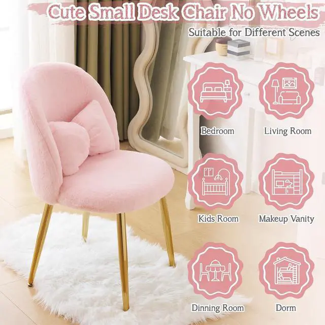 Alt view image 6 of 7 - Fluffy Girls Vanity Chair with Back & Pillow,Cute Small Cozy Desk Chair No Wheels,Comfy Makeup Ch with Ajustable Gold Legs,for Bedroom,Living Room,Small Space,Pink