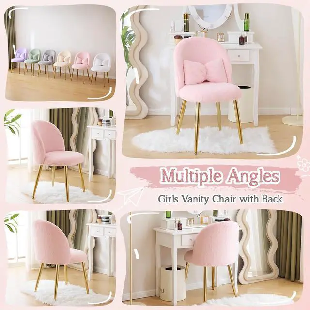 Alt view image 7 of 7 - Fluffy Girls Vanity Chair with Back & Pillow,Cute Small Cozy Desk Chair No Wheels,Comfy Makeup Ch with Ajustable Gold Legs,for Bedroom,Living Room,Small Space,Pink