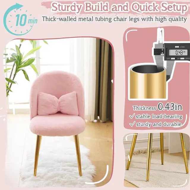 Alt view image 5 of 7 - Fluffy Girls Vanity Chair with Back & Pillow,Cute Small Cozy Desk Chair No Wheels,Comfy Makeup Ch with Ajustable Gold Legs,for Bedroom,Living Room,Small Space,Pink