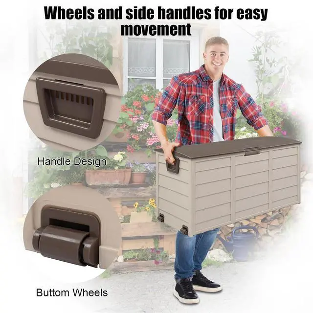 Alt view image 3 of 7 - 75 Gallon Weatherproof Outdoor Storage Box, Brown | Lockable Deck Box with Wheels, Weatherproof Outdoor Storage Box for Deck, Patio, Porch, Backyard and Garage