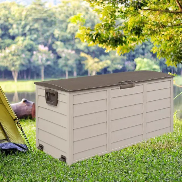 Alt view image 5 of 7 - 75 Gallon Weatherproof Outdoor Storage Box, Brown | Lockable Deck Box with Wheels, Weatherproof Outdoor Storage Box for Deck, Patio, Porch, Backyard and Garage