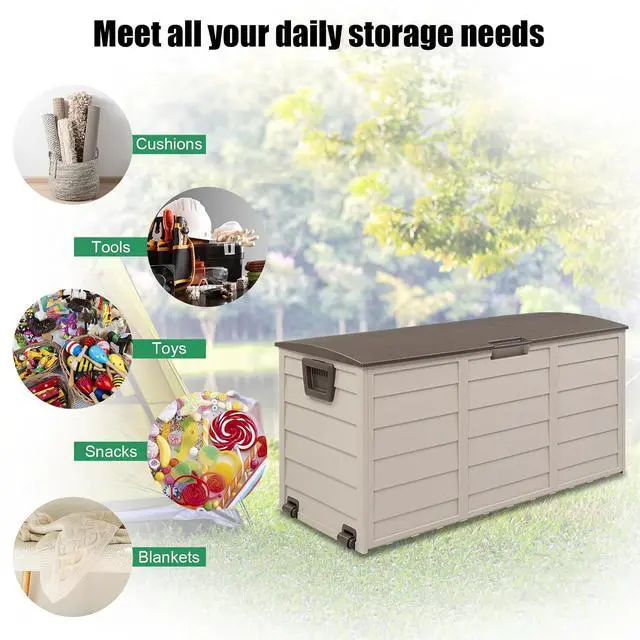 Alt view image 7 of 7 - 75 Gallon Weatherproof Outdoor Storage Box, Brown | Lockable Deck Box with Wheels, Weatherproof Outdoor Storage Box for Deck, Patio, Porch, Backyard and Garage