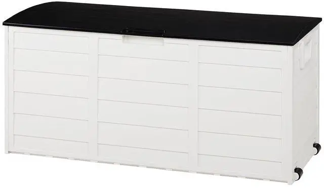 Main image of 75 Gallon Weatherproof Outdoor Storage Box, White Body, Black Lib | Lockable Deck Box with Wheels, Weatherproof Outdoor Storage Box for Deck, Patio, Porch, Backyard and Garage