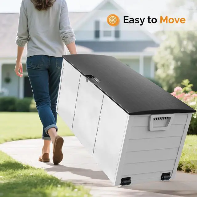 Alt view image 2 of 7 - 75 Gallon Weatherproof Outdoor Storage Box, White Body, Black Lib | Lockable Deck Box with Wheels, Weatherproof Outdoor Storage Box for Deck, Patio, Porch, Backyard and Garage