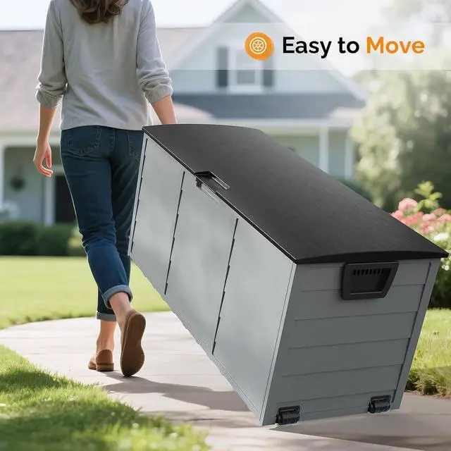 Alt view image 2 of 7 - 75 Gallon Weatherproof Outdoor Storage Box, Grey Body, Black Lib | Lockable Deck Box with Wheels, Weatherproof Outdoor Storage Box for Deck, Patio, Porch, Backyard and Garage